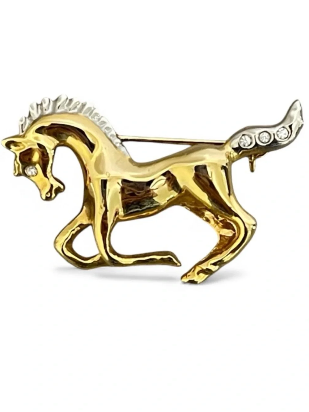 Horse Brooch Pin Equestrian Galloping Faux Diamond Embellished Gold Silver Toned